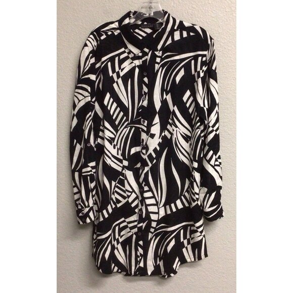 Tahari Shirt Womens Black White Print Linen Blend Button Up Blouse Top Sz Large - Picture 1 of 10
